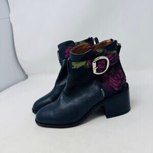 Jeffrey Campbell Floral Buckle Ankle Boots Leather Block Heel Booties Size 6